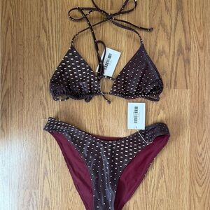 Brown Triangle Bikini Set with Gold Dot Print